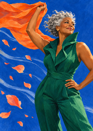 Silver-haired woman in a structured green outfit raising a flowing orange scarf against a vivid blue background with orange petals.