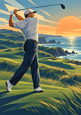 White-clad golfer completes a swing above an angular coastal links, with the sea and a large setting sun in the distance.