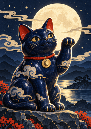 Glossy indigo cat with gold eyes, red inner ears and crescent pendant raising one paw before a full moon in a night landscape.