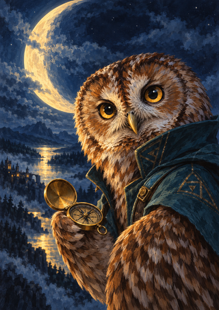 Tawny-brown owl in a dark teal jacket holding an open brass compass beneath a gold crescent moon in a blue night sky.