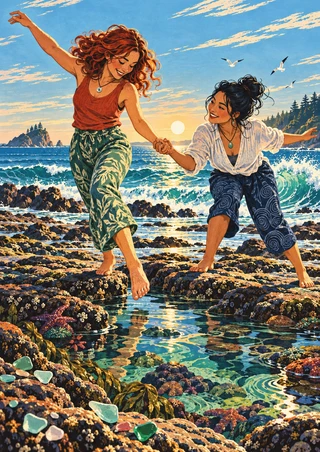 Two adult women hold hands and balance beside rocky tidepools, with sea glass, surf, birds, distant wooded shores, and a low sunset.