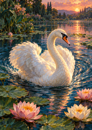 White swan with raised, fluffed wings floating among pink water lilies and lily pads on a reflective pond at sunset.