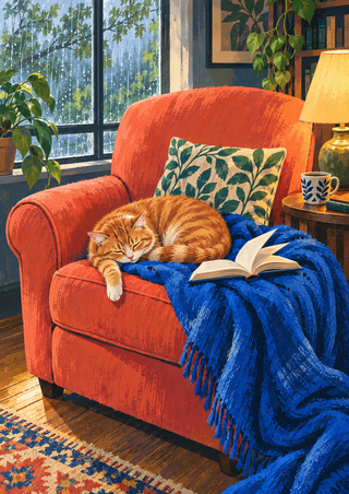 Ginger cat asleep on a coral chair beside an open book and blue blanket in a warmly lit room with a rainy window.