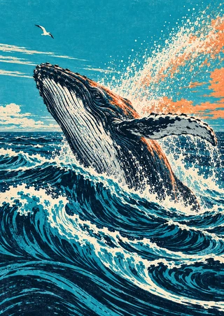 Humpback whale breaching through curling turquoise waves as spray arcs right and a small seabird flies above.