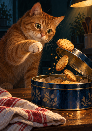 Ginger cat reaching one paw toward a biscuit balanced on a tilted metal tin, with tumbling biscuits, crumbs and a red-and-cream tea towel.