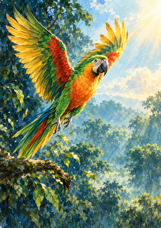 Brightly colored parrot with raised wings and streaming tail above a forest branch, against a sunlit canopy opening.