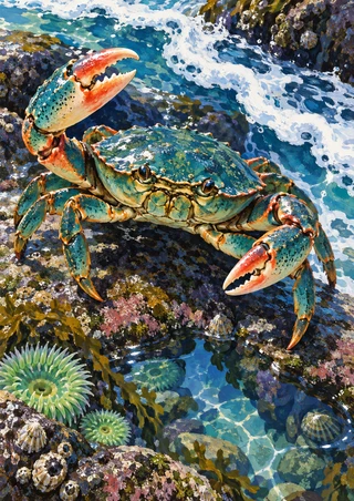 Large blue-green shore crab with two coral-orange-tipped claws raised on a wet tidepool rock, surrounded by foam and anemones.