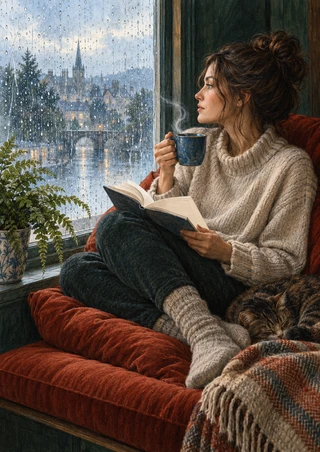Woman reading an open book with a blue mug on a rust-red window seat beside a rain-streaked window; a cat is partly visible nearby.