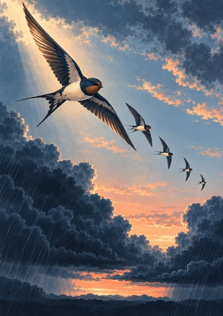 Five swallow-like birds fly through indigo storm clouds toward a glowing apricot-pink sunset opening, with rain streaks along the clouds.