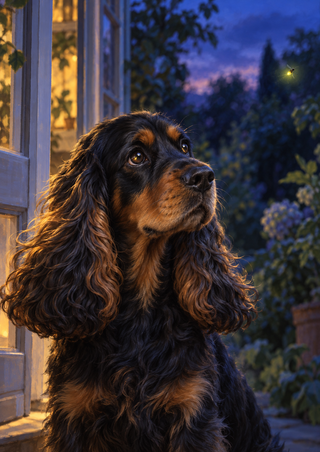 Chest-up portrait of a black-and-copper cocker spaniel at a lit doorway, looking toward a small glowing firefly.