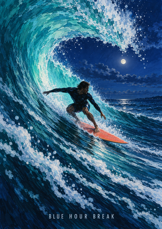 A surfer on a coral-colored board rides a curling turquoise wave beneath a small moon in a dark twilight sky.