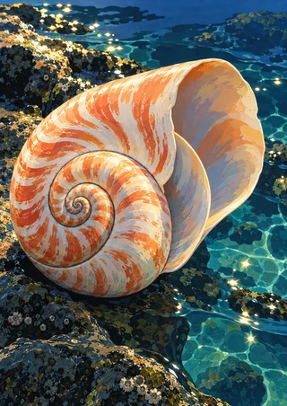 Large cream, apricot and coral spiral shell with a broad opening resting among dark rocks in reflective blue-green tide-pool water.