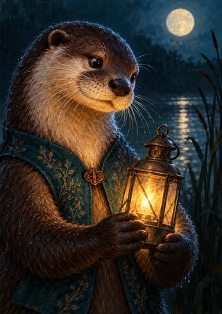 Chest-up otter in an embroidered dark teal waistcoat holding a glowing lantern, with reeds, a pale moon and reflected light on dark water.
