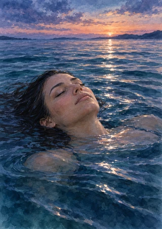 A woman with dark hair floats with her face tilted upward and eyes closed in blue water beneath a lavender and peach sunset.