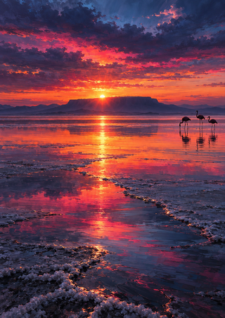 Three flamingos stand in shallow reflective water on a salt flat beneath a glowing dawn sky and distant mesa.