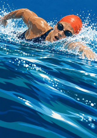 A swimmer in an orange cap and dark goggles performs freestyle amid white spray and sweeping blue currents.
