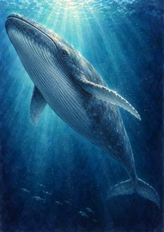 Large blue-gray whale swimming upward through deep blue water beneath turquoise light, with small fish below.