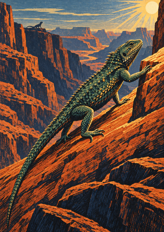 Relief-print-style scene of a green spiny lizard climbing an orange sandstone slope beneath golden sunlight, with a smaller lizard silhouette on a distant ridge.
