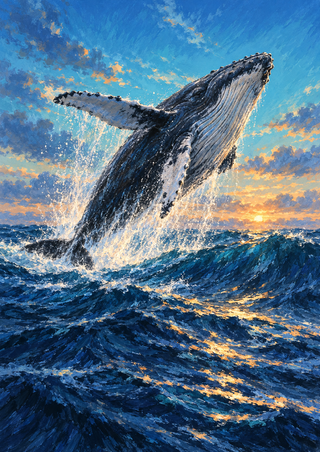 Whale head and upper body rise from dark ocean waves, with spray falling beside it and a warm low sun on the right horizon.