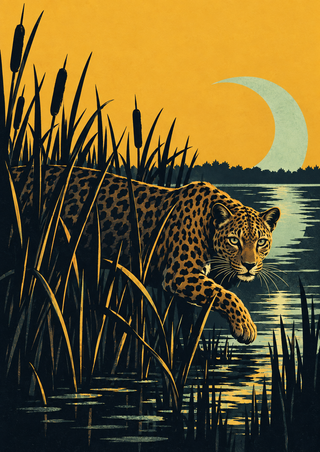 A spotted big cat peers from tall cattails beside reflective water beneath a pale crescent in a marigold sky.