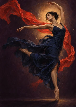Full-figure adult dancer in a dark blue dress balancing in a turn as a vermilion scarf sweeps around her against a dark background with warm circular light.
