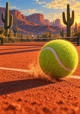 Oversized fuzzy green tennis ball on an orange desert court, with a net, distant player, cacti, and red mesas.