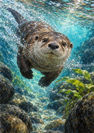 Brown river otter swimming toward the viewer through turquoise water, surrounded by bubbles, rocks and green leaves.