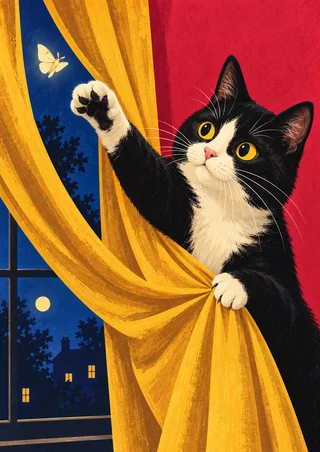 Black-and-white tuxedo cat reaches toward a pale moth while gripping a gold curtain beside a blue nighttime window.