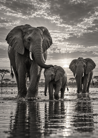 Three elephants, including an adult beside a calf, wade through shallow reflective water beneath a clouded sky.