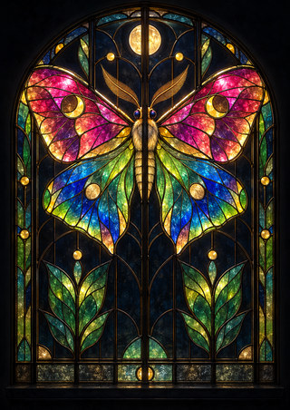 Jewel-colored moth with outstretched wings centered in a dark arched stained-glass window, with a round pane above and leafy panes below.