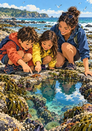 Two children and an adult crouch on a rocky shore and point toward an orange-red crab beside a tide pool, with seaweed, cliffs, and gulls.