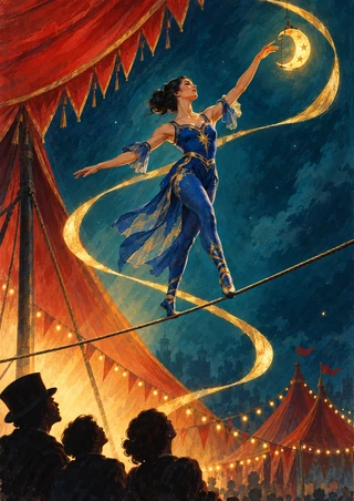 Blue-clad aerialist balancing on a rope and reaching toward a crescent lantern, with looping golden light, red-orange canopy, and audience silhouettes.