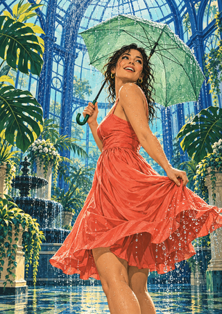 Woman in a coral dress turning beneath a pale green umbrella in a blue glasshouse filled with plants, fountains, and water.