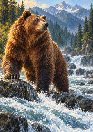 Large brown bear standing partly in a foamy mountain stream among rocks, with conifers and distant mountains behind.
