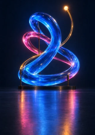 Intertwined glowing blue and pink glass tubes with an amber point of light against a midnight navy background.