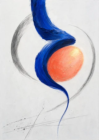 Ultramarine ribbon-like brush form curves around a glowing coral oval on a pale field with charcoal arcs and graphite marks.