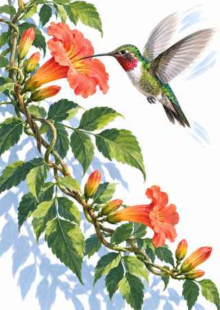 A jewel-green hummingbird with a red throat hovers beside coral trumpet flowers on a leafy vine against white.