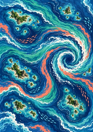 Colorful ocean currents spiral around a foamy whirl and scattered islands, with small fish-like marks.