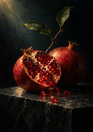 Split pomegranate with glowing ruby-red seeds in front of an intact fruit, with scattered seeds, a two-leaf branch, and a dark stone surface.