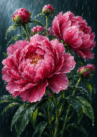 Two large pink peonies and several buds covered in droplets, with green leaves against a dark teal background.