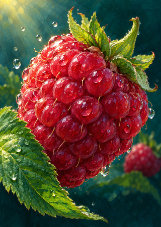 A bright red-magenta raspberry covered in droplets, with green leaves and a smaller blurred berry against teal.