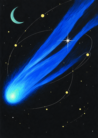A glowing blue comet with long streamers, orbital lines, yellow discs, a mint crescent and a white starburst on a dark background.