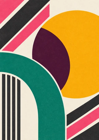 A marigold-yellow disk and plum curve overlap above a jade-green arch, with colorful diagonal bands and vertical stripes.