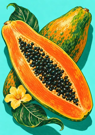 Opened papaya with a dense dark seed cavity over a whole papaya, with green leaves and a yellow flower on aqua.