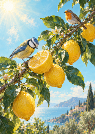 Two small birds on a leafy lemon branch with whole and sliced lemons, against a blue sky and distant coast.