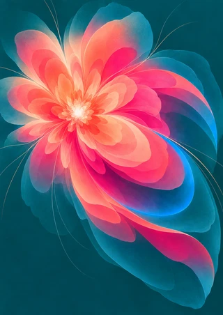 A luminous abstract flower-like burst of coral, peach, fuchsia, and blue petal forms against deep teal.