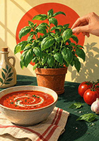 A potted basil plant and a hand reaching into its foliage sit above a bowl of red tomato soup, with tomatoes, garlic, a bottle, and cloth on a dark green table.