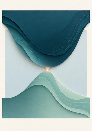 A broad dark teal curved form and a smaller sea-glass wave meet at a coral point in a pale inset field.