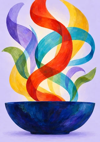 Deep blue bowl beneath flowing, overlapping multicolored forms on a pale-lilac background.