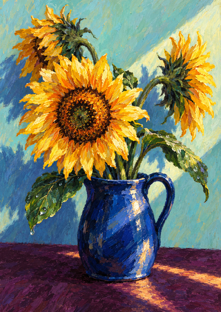 Three yellow-orange sunflowers in a cobalt-blue pitcher, with a water droplet on a curving leaf against a pale aqua background.